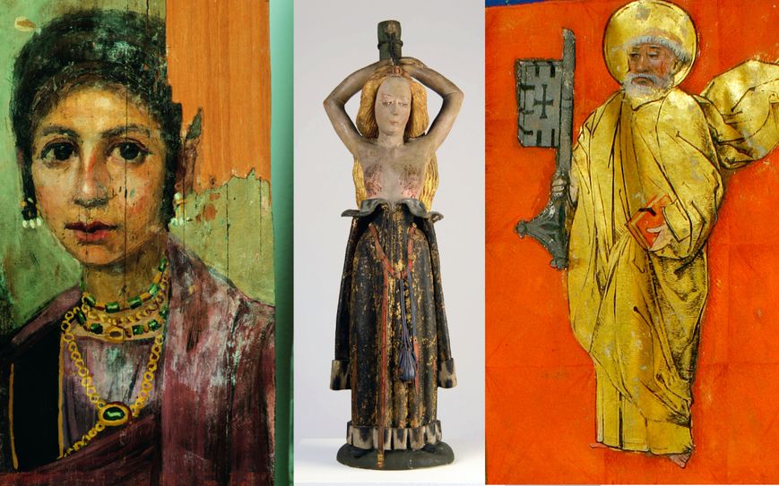 Links: Stadtmuseum Simeonstift: Mumienporträt einer jungen Frau. Wachs auf Holz (Enkaustik_Technik), 96–117 n. Chr. / Mitte: Museum am Dom:  Heilige Agathe, Tonplastik / Schatzkammer der Wissenschaftlichen Bibliothek der Stadt Trier: Heiliger Petrus