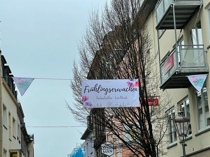 Banner, die in der Stadt aufgehängt wurden, weisen auf das Frühlingserwachen hin.
