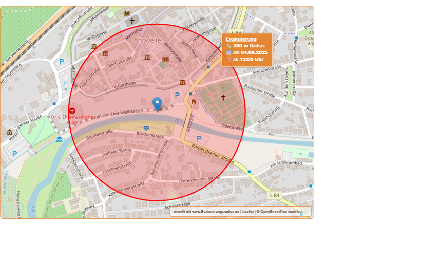 Die Karte verdeutlicht den Evakuierungsradius in einem Umkreis von 300 Metern um den Fundort