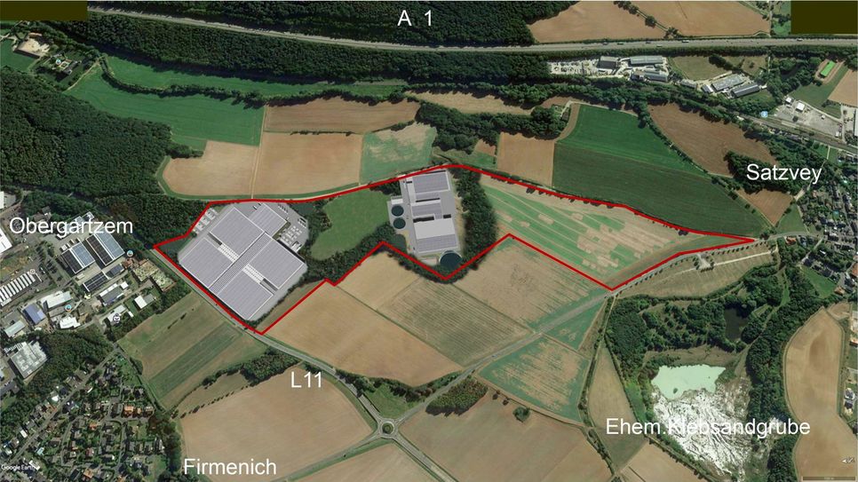 Die großdimensionierte Champignon-Zuchtanlage zwischen Satzvey und Firmenich/Obergartzem ist dank der Verhandlungen von Bürgermeister Dr. Hans-Peter Schick „ad acta“ gelegt. Auf einer überdachten Fläche von 71.000 Quadratmetern sollten pro Woche 190 Tonnen Pilze produziert werden. Repro: Kirsten Röder/pp/Agentur ProfiPress