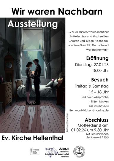 Nach der offiziellen Eröffnung am Dienstag, 27. Januar, um 18 Uhr in der evangelischen Kirche ist die Ausstellung freitags und samstags von 15 bis 18 Uhr geöffnet sowie nach Absprache mit Ben Micken unter Tel.: 02482/2583 oder per E-Mail an Bernward-Micken@t-online.de. Den Abschluss bildet ein Gottesdienst am Samstag, 1. Februar, um 9.30 Uhr mit Schülern der Klasse sechs des Johannes-Sturmius-Gymnasiums.