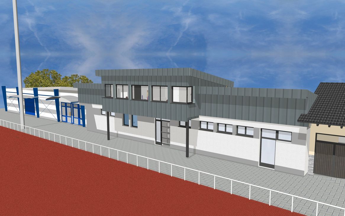 Außenansicht des neuen Umkleidegebäudes, das sich harmonisch in die dreiseitig begrenzte Baulücke einfügt.