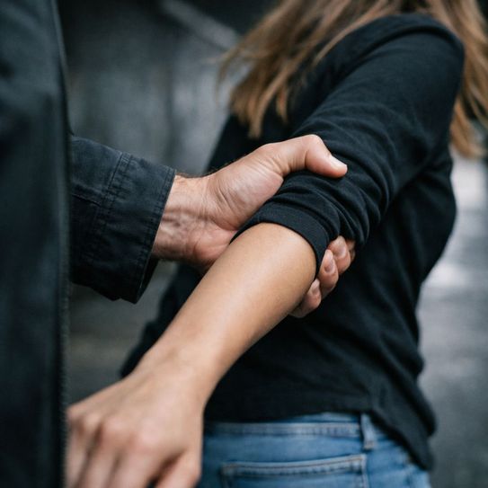 KI-generiertes Symbolfoto, dass die Hand eines Mannes zeigt, der eine Frau am Arm festhält.