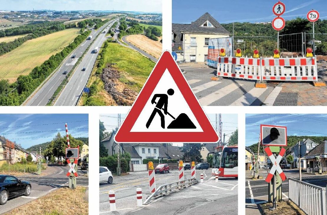 Oben: A64, Großbaustelle Eisenbahnüberführung, unten: Bahnübergang Zewen, Kreuzung Martinerfeld / Kölner Straße / Hornstraße, Bahnübergang Euren.