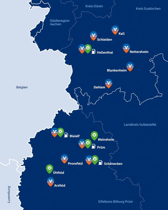 Alle Standorte bleiben erhalten. Die VR Bank EifelLand bleibt mit insgesamt elf Geschäftsstellen in der Region präsent. Hinzu kommen die Standorte der Raiffeisen-Waren-GmbH Westeifel.