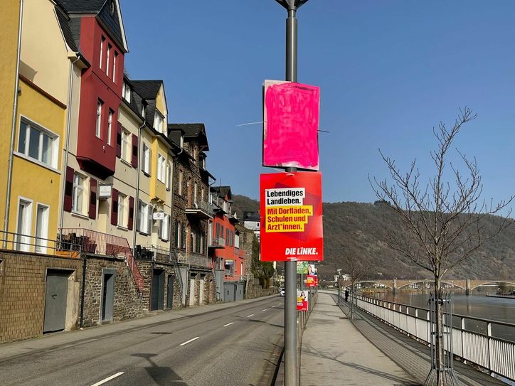 Mit pinker Farbe besprühten Unbekannte an der Moselpromenade in Cochem mehrere Wahlplakate der "AFD". Foto: Zender