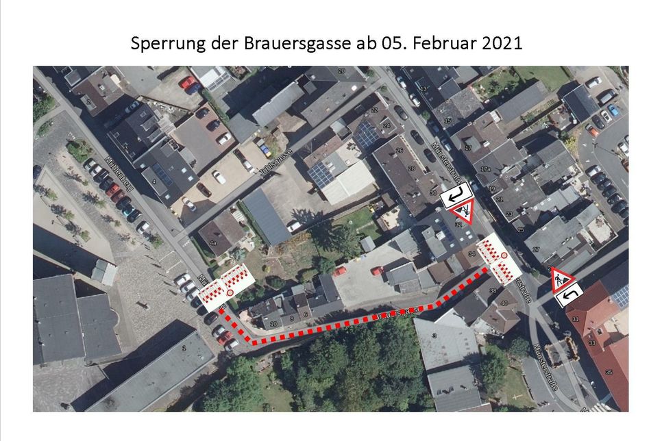 Die Brauersgasse in Zülpich ist ab heute gesperrt. Foto: Stadt Zülpich, Kartengrundlage: tim-online