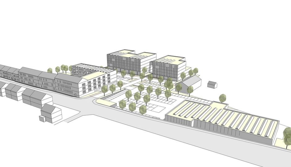 Erste Visualisierung des neuen Wohn- und Geschäftsviertels an der Ehranger Straße aus dem Jahr 2023: Rechts der geplante Neubau von Aldi, im Hintergrund die beiden vorgesehenen Gebäude für Praxen, Büros und Einzelhandel. Auf der linken Seite des Bildes die Wohnhäuser entlang der Ehranger Straße sowie der Anbau, in dem im Erdgeschoss ein Drogeriemarkt und in den oberen Etagen Wohnungen untergebracht werden sollen.
