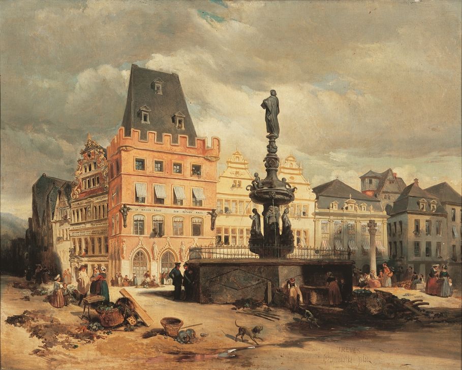 George Adelmard Bouet: Ansicht des Trierer Hauptmarktes, um 1847, Öl auf Leinwand, 65 x 81 cm, Stadtmuseum Simeonstift Trier, Inv. III 1302. Foto: zur Verfügung gestellt vom Stadtmuseum Simeonstift