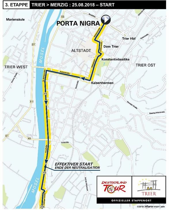 Der Samstag, 25. August, beginnt für die Fahrer in Trier vor der eindrucksvollen Kulisse der Porta Nigra. Foto: Amaury Sports Organisation