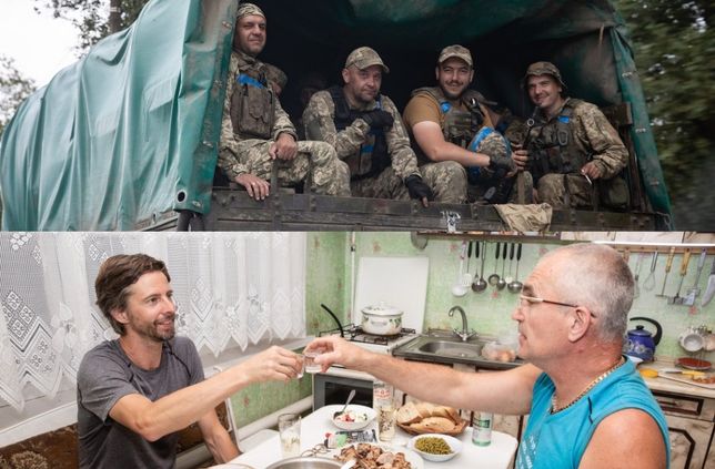 Impressionen der Reise: Ukrainische Soldaten auf einem Transportfahrzeug sowie Autor Stephan Orth beim Abendessen im Haus eines ukrainischen Gastgebers.