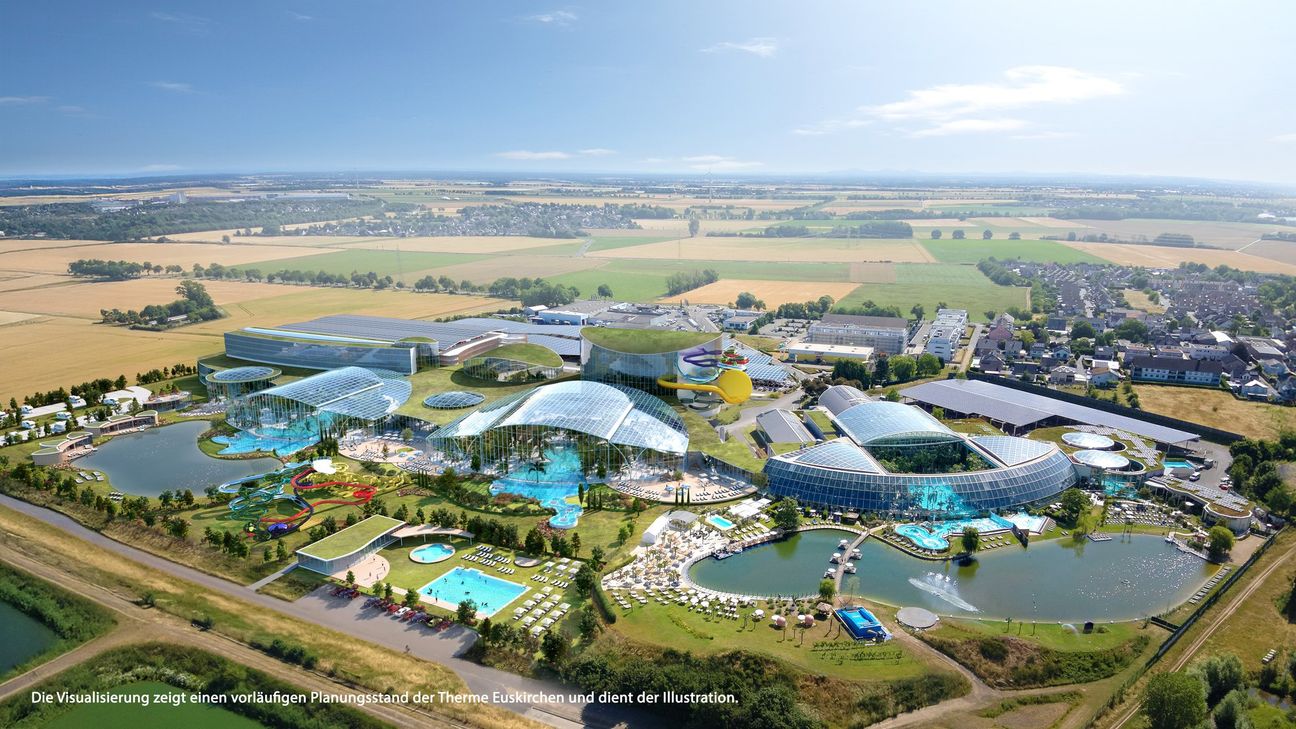 Die Visualisierung zeigt einen vorläufigen Planungsstand der Therme Euskirchen und dient der Illustration. Rechts im Bild befindet sich der bestehende Teil der Therme.