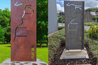 Der Entwurf der Gedenkstelen (li.) und die Stele am Feuerwehrgerätehaus in Nierfeld.