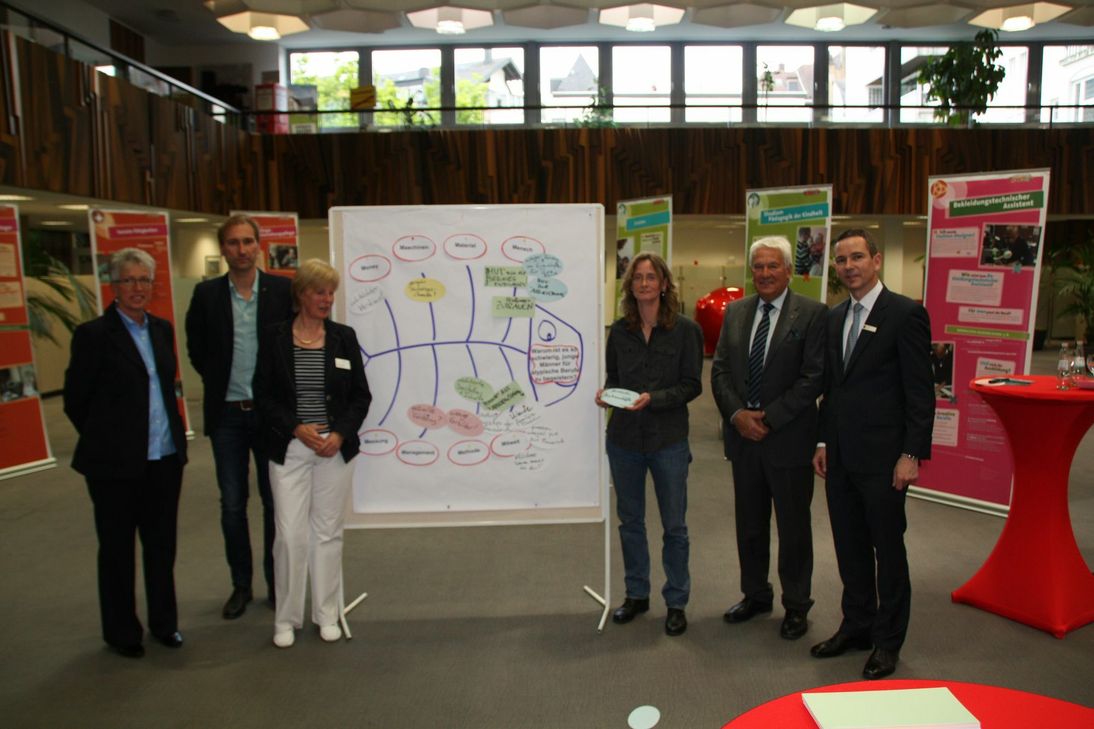 Zu der Projektwoche gehörte unter anderem eine Ausstellung, in der über die Chancen von Männern in eher „frauentypischen“ Berufen informiert wurde. Das Foto zeigt die Verantwortlichen bei der Eröffnung in der Sparkasse Trier. Foto: Sparkasse Trier