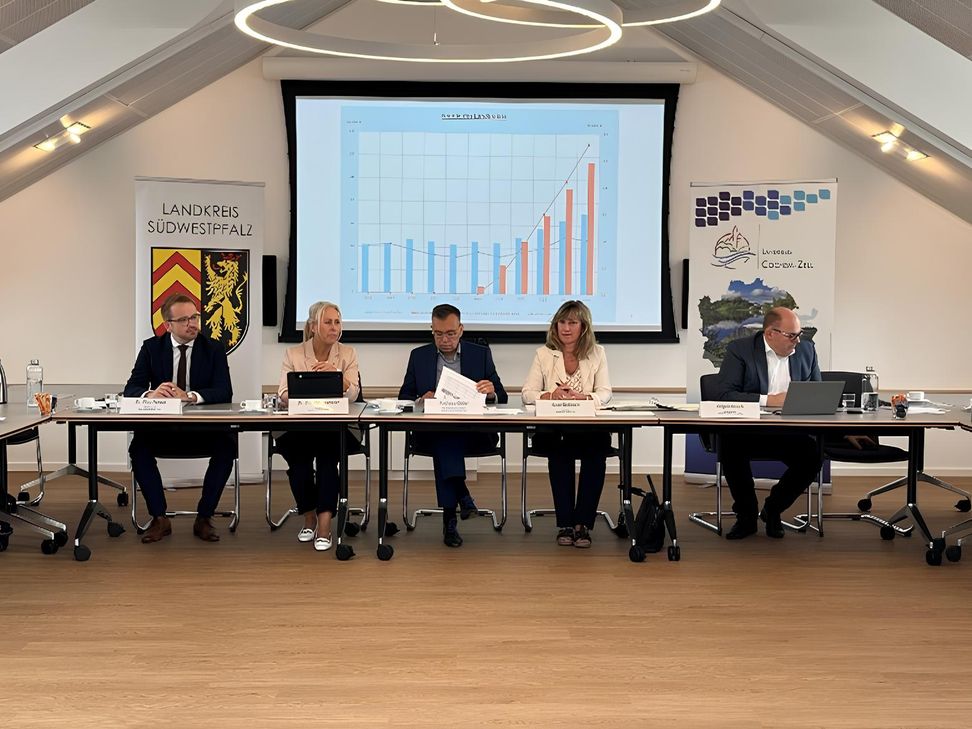 V.l.: Dr. Nico Herbst (Rechtsanwalt), Landrätin Dr. Susanne Ganster (Landkreis Südwestpfalz), Andreas Göbel (Geschäftsführender Direktor Landkreistag), Landrätin Anke Beilstein (Landkreis Cochem-Zell) und Jürgen Hesch (Beigeordneter Landkreistag).