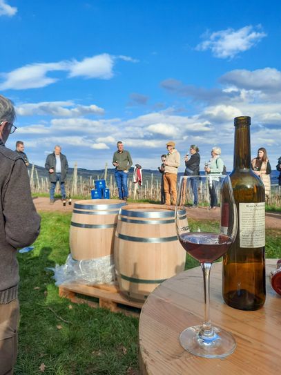 Bei einem Glas Wein tauschen die Teilnehmer der Wanderung ihre Eindrücke aus.