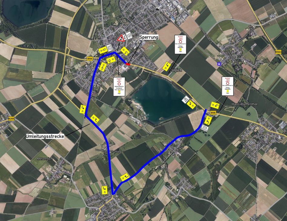 Wegen der Sanierung der B56 im Bereich des Kreisverkehrs am Fachmarktzentrum Bonner Straße
wird der Verkehr vom 4. bis voraussichtlich 9. August in beide Richtungen großräumig über Lövenich,
Sinzenich, Floren und Hoven umgeleitet.