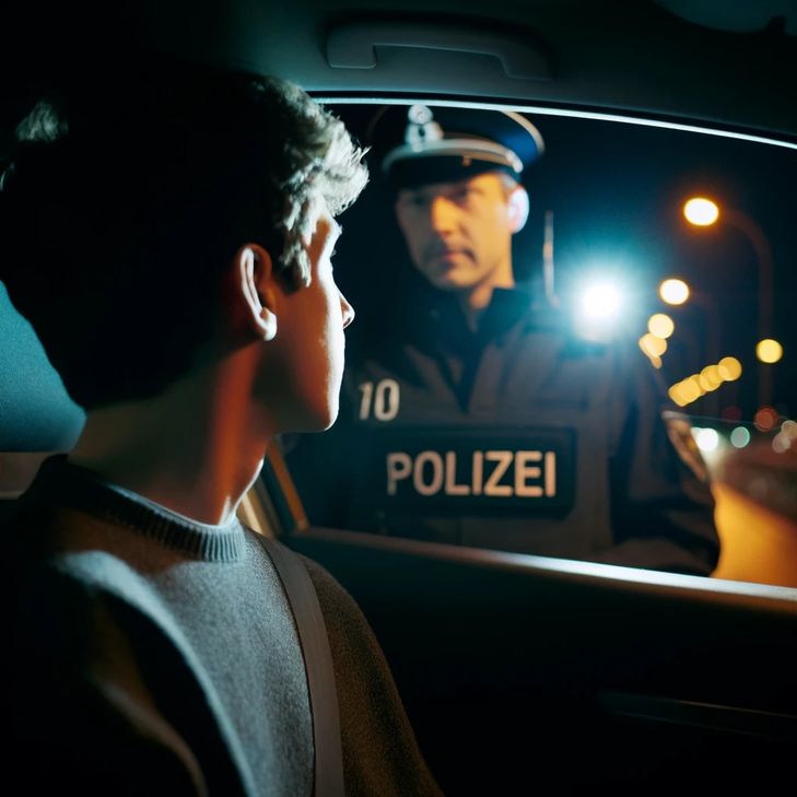 Symbolbild eines Polizisten, der einen Jugendlichen Autofahrer kontrolliert