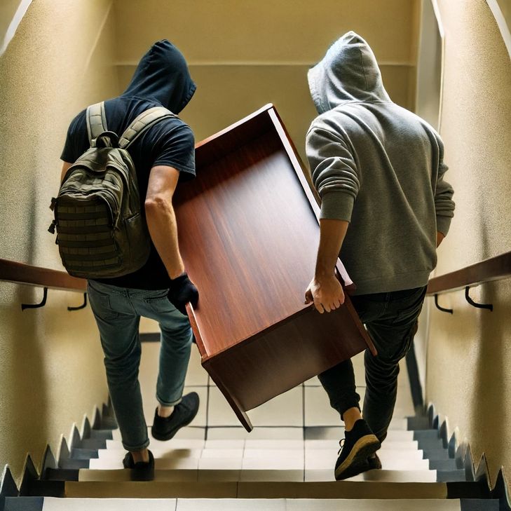 Symbolbild mit zwei Unbekannten, die eine Kommode durch ein Treppenhaus "stehlen".