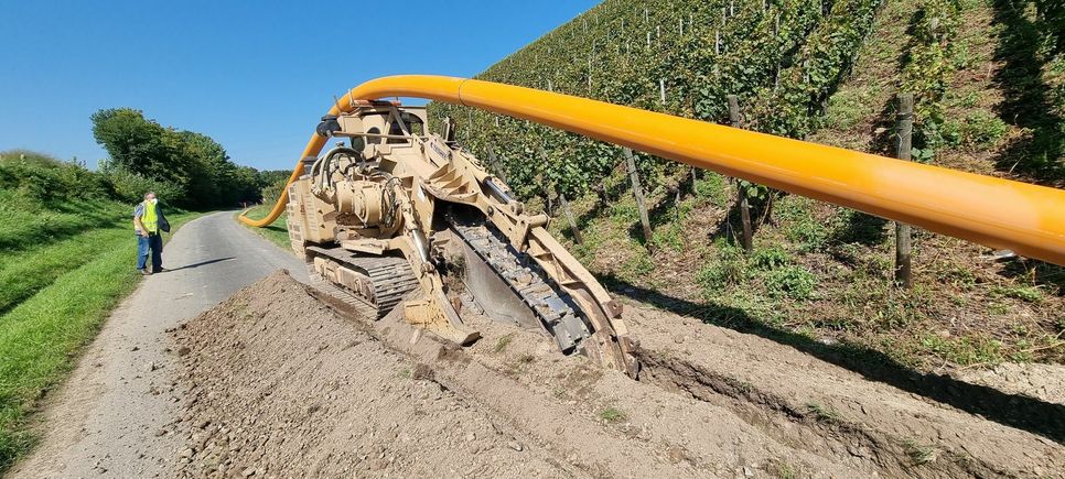Der Bau der provisorischen Hochdruckleitung entlang der Weinberge macht große Fortschritte. Foto: evm