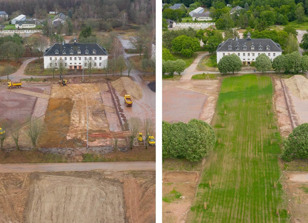 Das Foto zeigt das Areal unterhalb des Küchenhauses (oben im Bild) vor und nach der Begrünung. Foto: FF