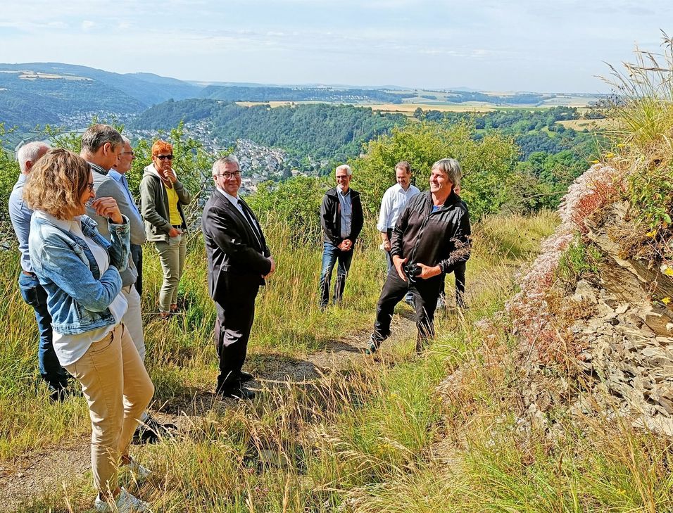 Landrat Dr. Alexander Saftig, Mitarbeiter der Kreisverwaltung, Vertreter der VG Rhein-Mosel, der Gemeinde Kobern-Gondorf sowie der Ökostiftung Untermosel besichtigteten die Ausgleichsmaßnahmen für den Industriepark A61.
