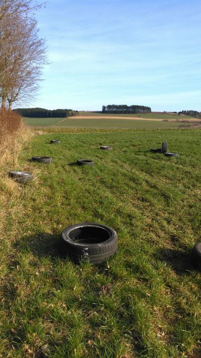 Reifen wild in der Landschaft entsorgt. Wenn die ausgediente Bereifung allerdings korrekt in der stofflichen Verwertung landet, wird sie als Gummimehl oder Granulat etwa zum Bestandteil von Dach-, Straßen- oder Sportplatzbelägen. Fotos: Polizei Prüm
