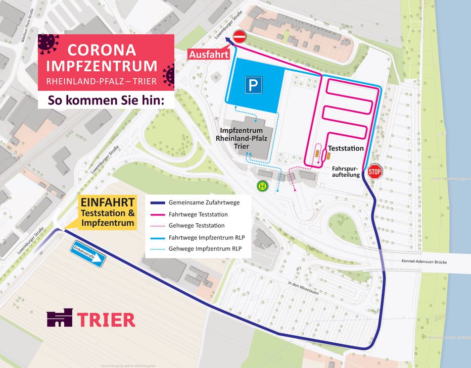 Die Grafik zeigt die Zufahrtmöglichkeit zum Impfzentrum in den Moselauen. Foto: Presseamt Trier