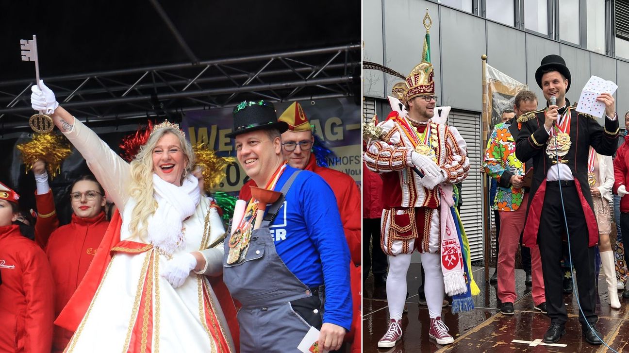 Prinzessin Colette I. reckt den Stadtschlüssel in Euskirchen in die Höhe, den ihr Bürgermeister Sascha Reichelt überreichte. In Mechernich übernahm Prinz Torsten I. bis Aschermittwoch die Macht über das Rathaus von Bürgermeister Michael Fingel.
