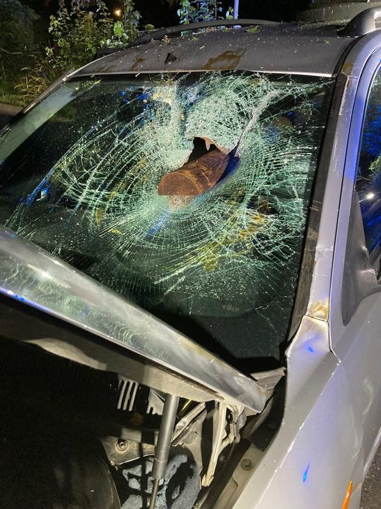 Der einschlagende Holzpfosten verfehlte nur knapp den Kopf des Fahrers.