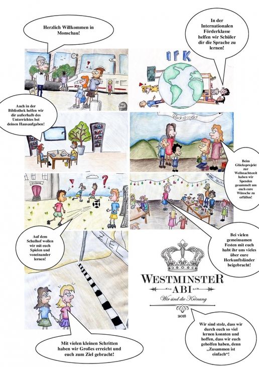 In dieser Collage haben die Abiturienten des Schuljahres 2017/2018 ihre verschiedensten Projekte mit der Internationalen Förderklasse am St. Michael-Gymnasium zusammengestellt. Bis Donnerstag, 4. Mai, kann für die Schüler abgestimmt werden - es winken bis zu 2000 Euro Preisgeld.