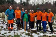 Das tatkräftige Helferteam rund um Mathias Wendling präsentiert stolz die neu eingepflanzten Setzlinge mit angebrachten Wuchshüllen in Spesenroth.