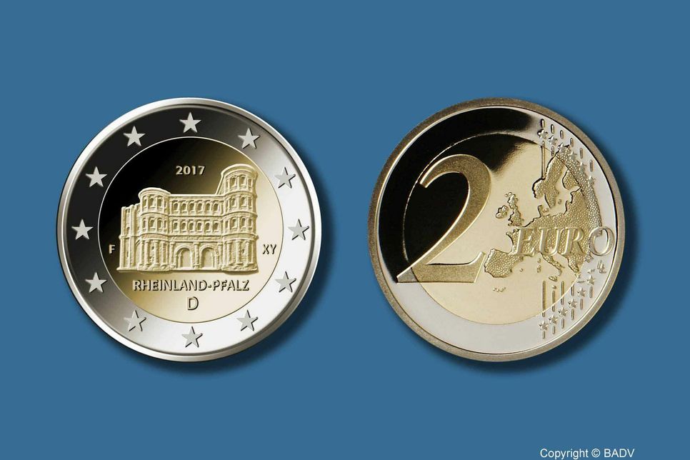 Februar: Am 10. Februar wird im Bundeskanzleramt die neue Zwei-Euro-Münze »Rheinland-Pfalz« mit Porta-Nigra-Motiv präsentiert. Auflage: 30 Millionen Stück.