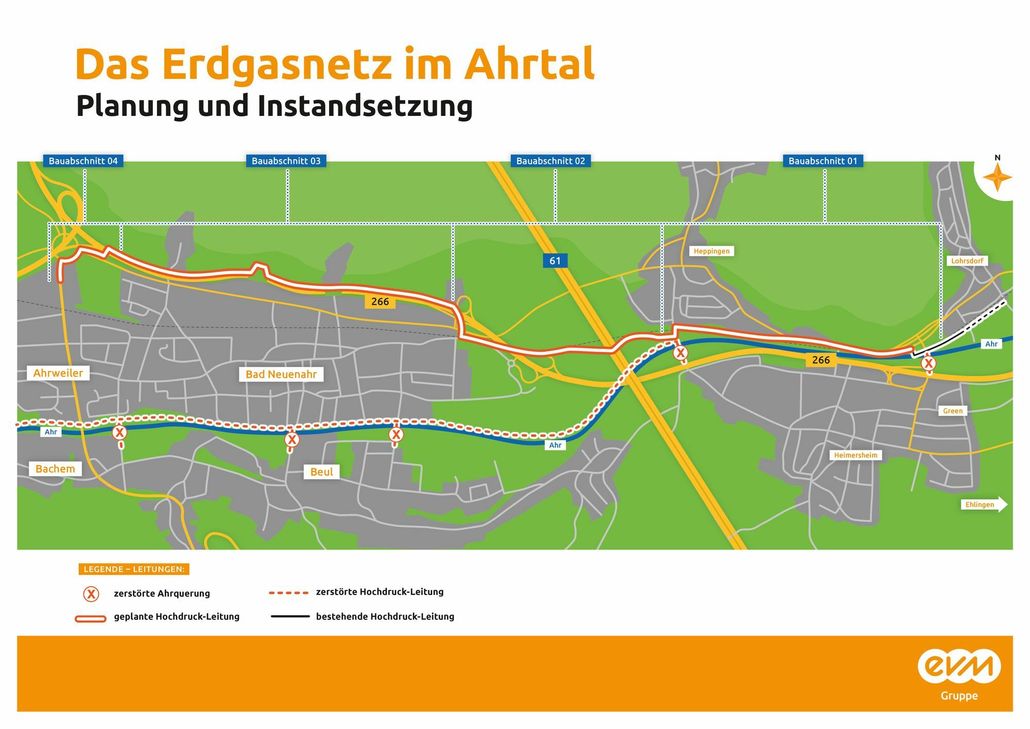 Die Karte zeigt die Situation der Gasversorgung im Ahrtal. Grafik: evm