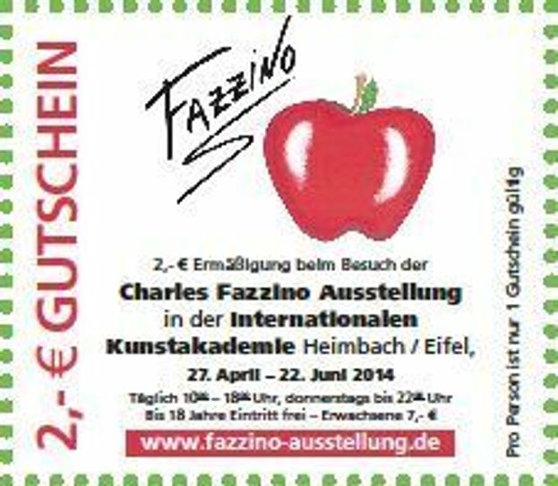 Mit diesem Coupon gibt es eine Ermäßigung von zwei Euro bei einem Besuch der Charles Fazzino-Ausstellung in der Internationalen Kunstakademie Heimbach. Einfach den Coupon ausdrucken und an der Kasse vorlegen. Pro Person ist nur ein Gutschein gültig.