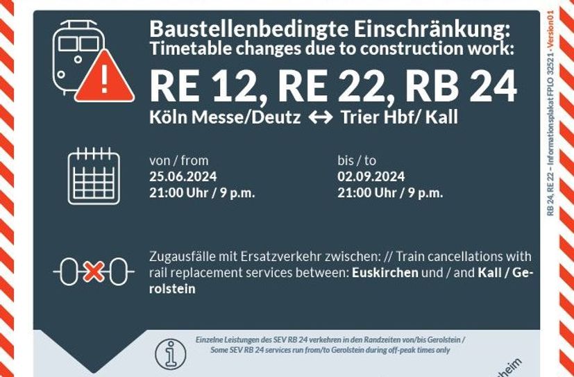 Ein Kundenplakat der DB informiert über die Auswirkungen.