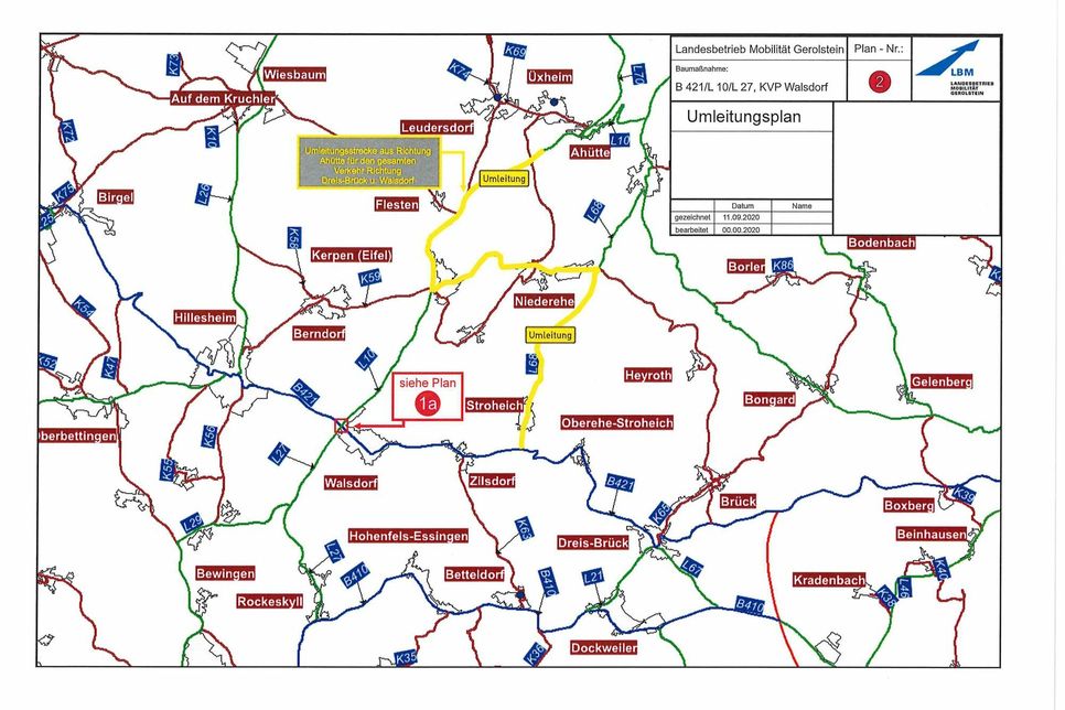 Umleitungsstrecke für den Verkehr aus Richtung Ahütte in Richtung Dreis-Brück und Walsdorf. Grafik: LBM Gerolstein