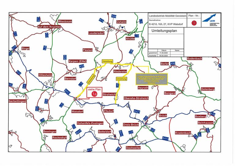 Umleitungsstrecke für den Verkehr aus Richtung Rockeskyll in Richtung Dreis-Brück und Walsdorf. Grafik: LBM Gerolstein