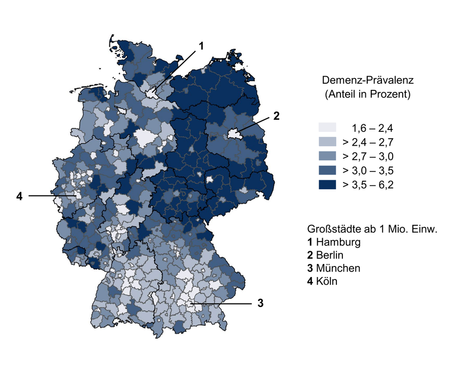 Deutschlandkarte mit Prädiktion der Prävalenz von Demenzfällen für 2060 ohne Präventionsmaßnahmen und bei gleichbleibend steigender Lebenserwartung.