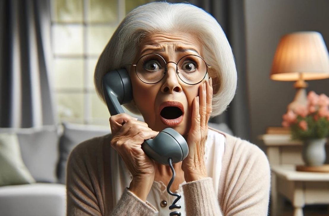 Symbolbild einer erschrockenen Seniorin am Telefon.