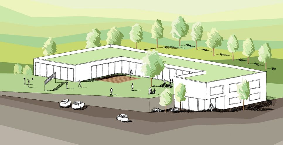 So könnte die psychiatrische Tagesklinik im Bereich Vierwege aussehen. Rechts das zweistöckige Gebäude im Osten, im Norden und Westen wäre das Haus eingeschossig. Eine erhöhte Terrasse fängt das Gefälle ab. Foto: Bruhn Knechtges Müller Architekten/pp/Agentur ProfiPress