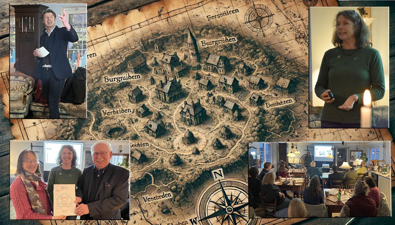 Stefan Meisberger (li. oben) begrüßte die Gäste zur Vorstellung des Projekts »Die Geheimnisse deines Ortes«, das Dr. Elke Sprunkel (re. oben) in der Hauserbachmühle (re. unten) erläuterte. Ralf Sawatzki von der NRW-Stiftung (li. unten, von rechts) übergab den Förderscheck an Dr. Sprunkel und Veronika Neumann, Vorstandsvorsitzende der Biostation Euskirchen.
