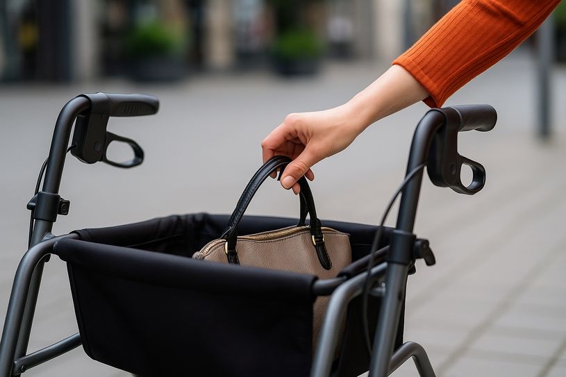Symbolfoto auf dem eine Handtasche aus dem Transportfach eines Rollators gestohlen wird.
