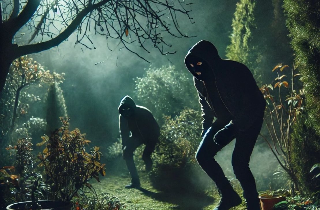 Überfall im Garten bei Nacht.