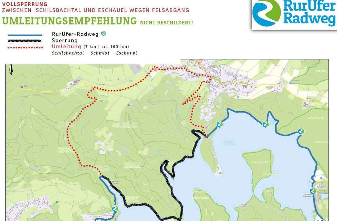 Der RuruferRadweg ist zwischen Wildenhof und Eschauel gesperrt. Eine Umleitung über Schmidt wird während der Baumaßnahmen - werktags von 6 bis 14 Uhr empfohlen.