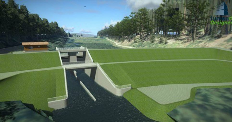 Simulation des Absperrbauwerks des Hochwasserrückhaltebeckens Mulartshütte. Bei Normalstand soll die Vicht ganz einfach durchfließen, bei Starkregen jedoch für wirksamen Schutz sorgen. Grafik: WVER