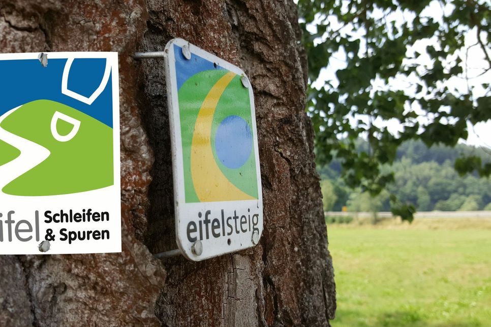 Derzeit sind zahlreiche Wegepaten und die Mitglieder der örtlichen Eifelvereine unterwegs, die neuen »EifelSchleifen« und »EifelSpuren« zu markieren.  Logo: Nordeifel Tourismus GmbH/mn-Foto/Montage
