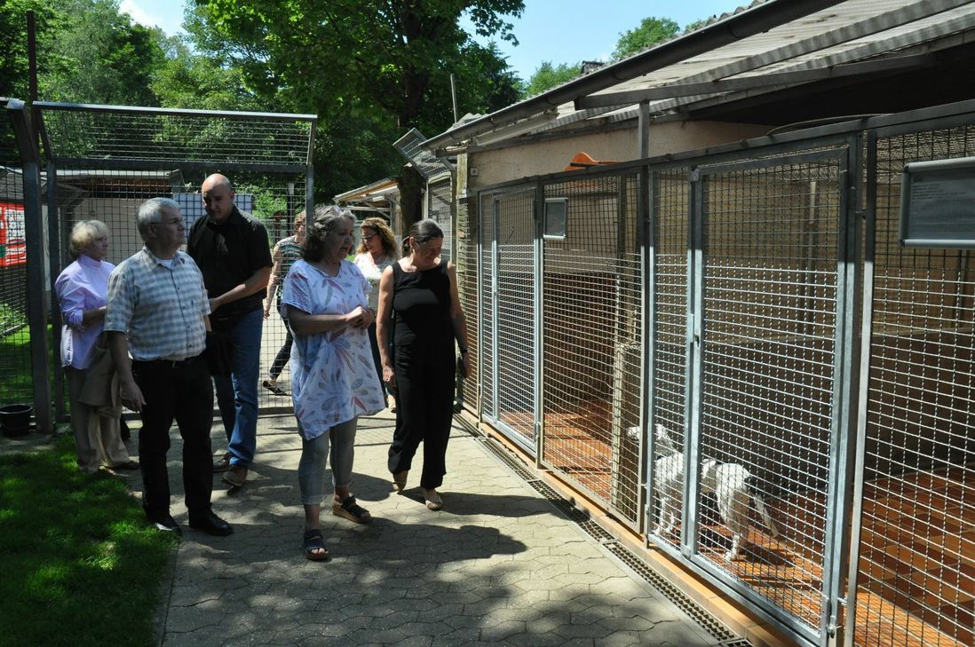 Hildegard Maas zeigt der rheinland-pfälzischen Umweltministerin Ulrike Höfken (rechts) das alte Hundehaus im Mayener Tierheim.