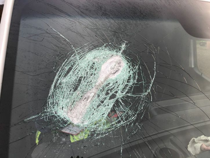 Die Windschutzscheibe wurde durch den Holzscheit schwer beschädigt. Foto: Polizei