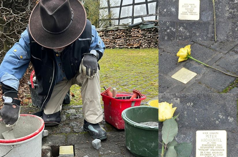 Der Künstler Gunter Demig verlegte in Zingsheim und Holzmülheim die ersten drei Stolpersteine in der Gemeinde Nettersheim für die Euthanasieopfer Peter Hochgürtel, Josef »Juja« Hansen und Anton Falkenberg.